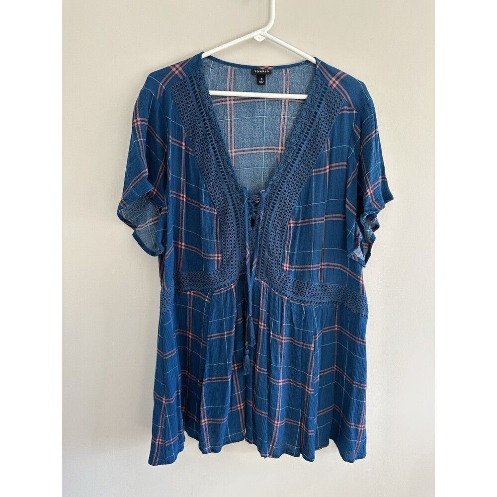 Torrid Blouse Top Women's Size 3x Blue Orange V Neck Tie Cute Casual
